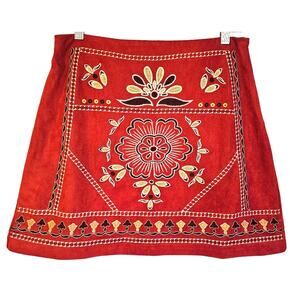 Miami by Francesca's Embroidered Red Rust Western Boho Faux Suede Mini Skirt
